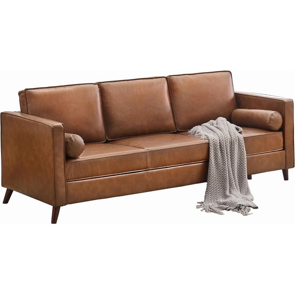 81" Faux Leather Sofa, Mid Century Modern Deep Seat Couch, Upholstered Cushion&Removable Cover, Brown PU Couch, 3 Seat Sofa for Living Room, Office, Brown