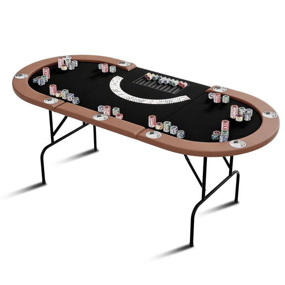 81" Foldable 10-Player Casino Style Poker Table - Oval Card Table with Cushioned Rails, 9 Cup Holders, Water-Resistant Felt Surface & Metal Legs for Home Party Game Night