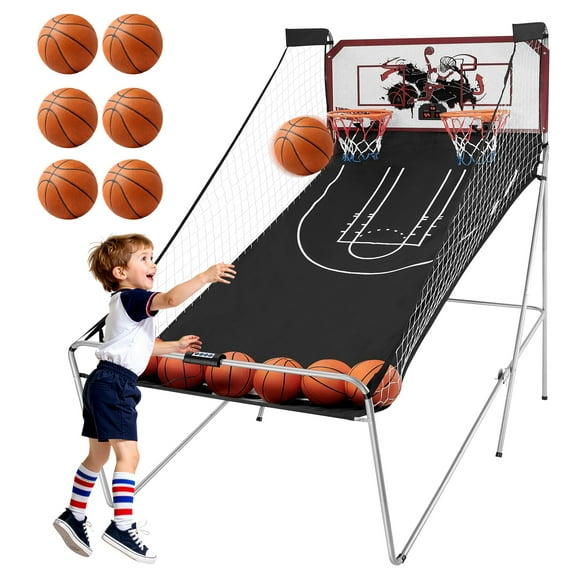 Foldable Basketball Arcade Game, 81" Electronic Dual Shot Basketball Games, Indoor Outdoor Basketball Game Machine with 8 Game Options, 6 Balls, LED Scorer, Steel Frame, Inflation Pump for Home