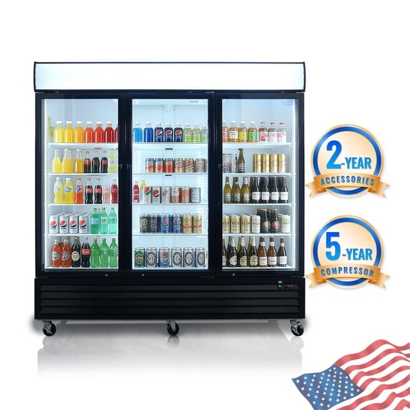 81" Glass Door Display Refrigerator, Large 3-Door Beverage Fridge, 70 Cu.ft 32 ~ 44 Door Lock, LED Lighting, Auto Defrost, Digital Temperature Control, Low Noise, Adjustable Shelves