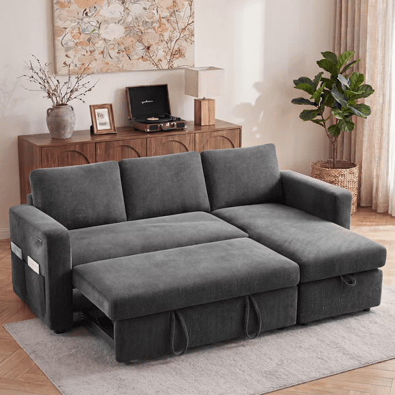 81" Gray Chenille L Shaped Sectional Sleeper Sofa Bed with Pull Out Bed 4 in 1 with Storage Chaise,USB Ports,Side Pocke