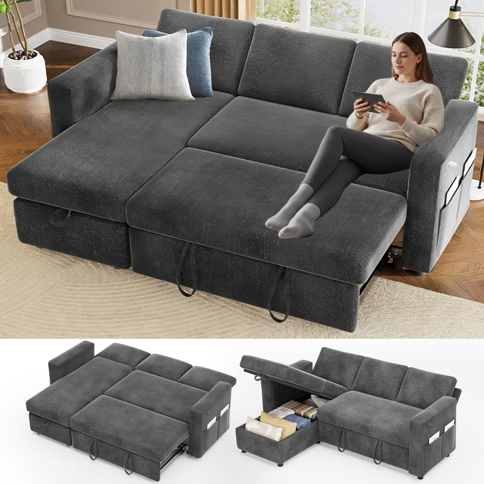 81" Gray L-Shaped Sectional Sleeper Sofa with Pull Out Bed and USB ...