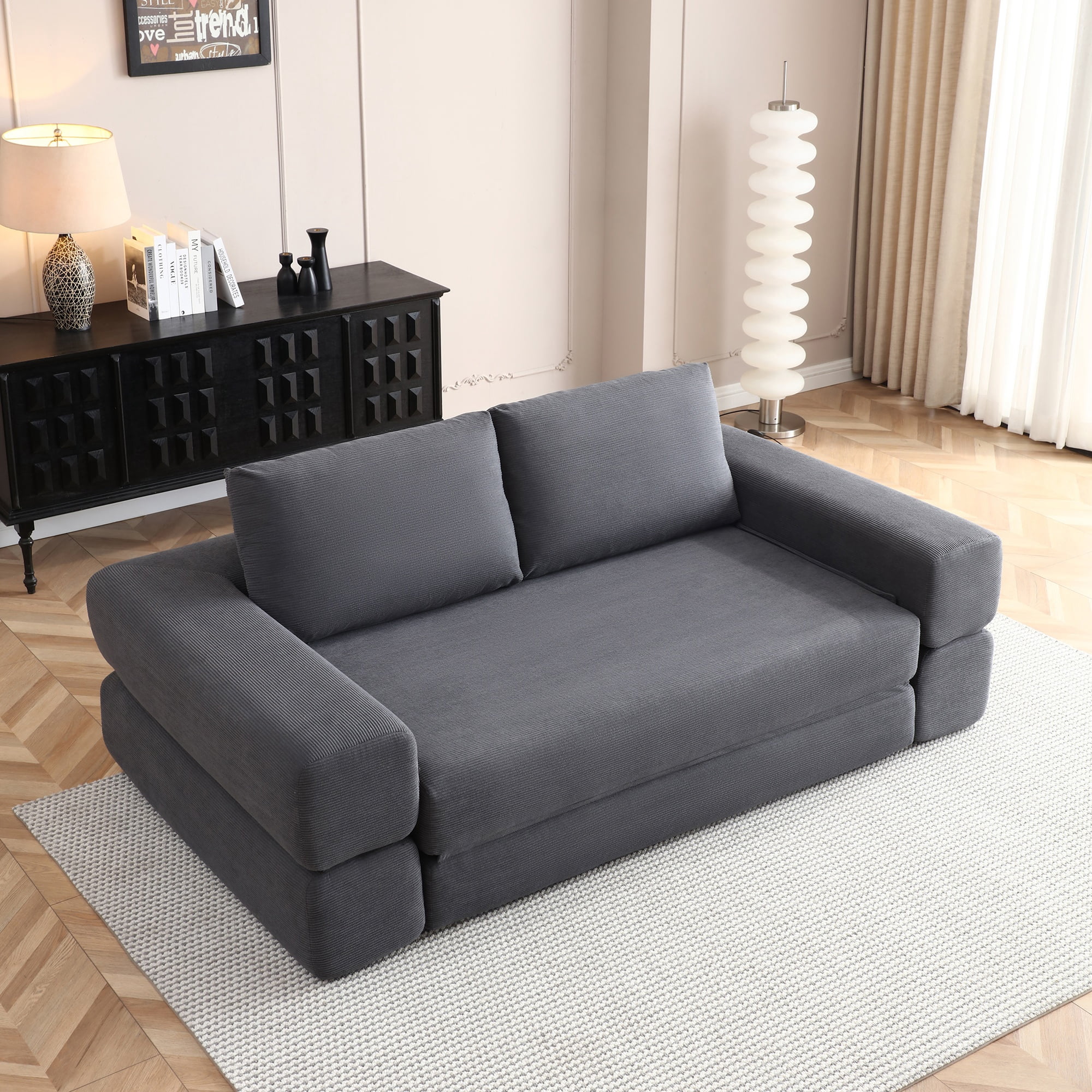 81-Inch Convertible Sofa Bed with Pillows, 3-in-1 Folding Floor Couch and Corduroy Futon Sleeper Mattress for Living Room and Bedroom, Gray