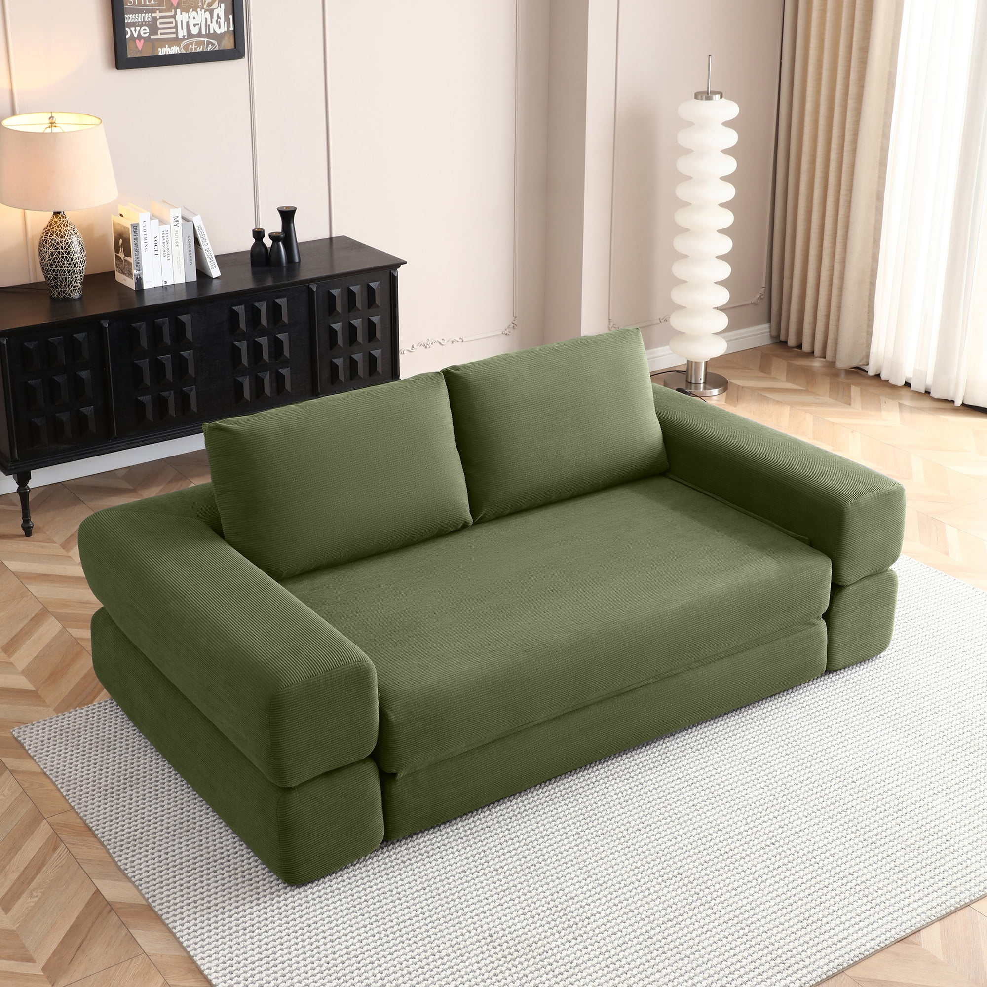 81-Inch Convertible Sofa Bed with Pillows, 3-in-1 Folding Floor Couch and Corduroy Futon Sleeper Mattress for Living Room and Bedroom, Green