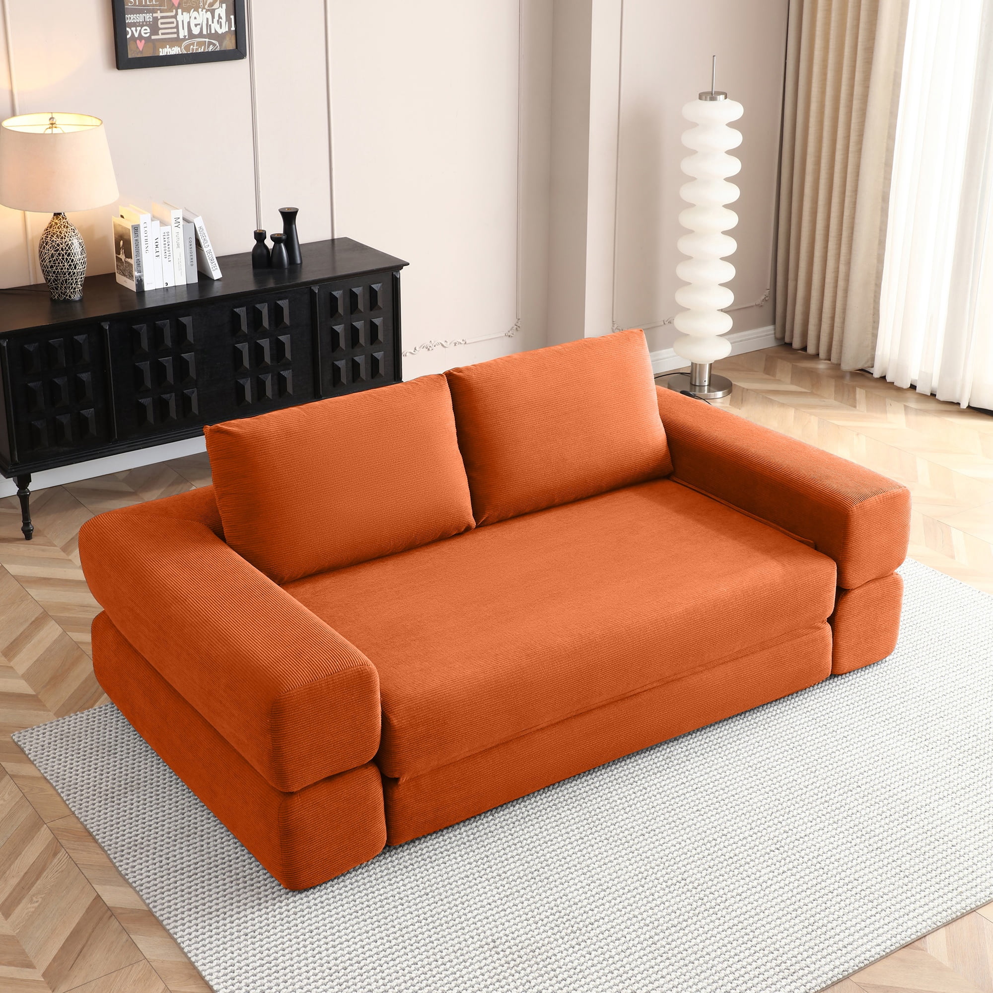 81-Inch Convertible Sofa Bed with Pillows, 3-in-1 Folding Floor Couch and Corduroy Futon Sleeper Mattress for Living Room and Bedroom, Orange