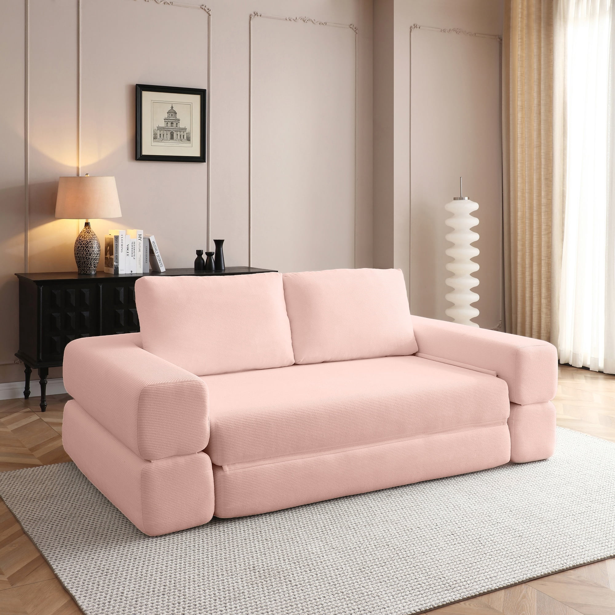 81-Inch Convertible Sofa Bed with Pillows, 3-in-1 Folding Floor Couch and Corduroy Futon Sleeper Mattress for Living Room and Bedroom, Pink