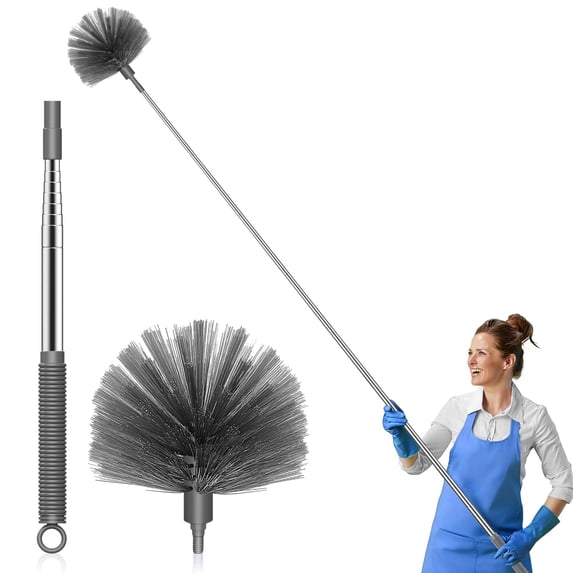 81 Inch Extendable Cobweb Duster, Telescopic Stainless Steel Handle Spider Web Brush, Medium-Stiff PET Bristles for High Ceiling, Fan, Blind Indoor & Outdoor Cleaning