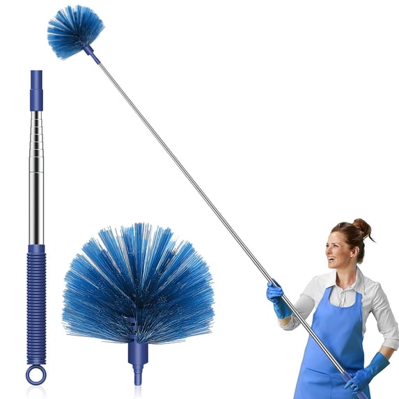 81 Inch Extendable Cobweb Duster, Telescopic Stainless Steel Handle Spider Web Brush, Medium-Stiff PET Bristles for High Ceiling, Fan, Blind Indoor & Outdoor Cleaning