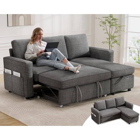 81 Inch L-Shaped Split Sleeper Sofa, 2-in-1 Pull-Out Couch with Reversible Storage Chaise, Side Pockets, Tool-Free Assembly, Linen Fabric, Dark Gray - Ideal for Living Rooms & Apartments