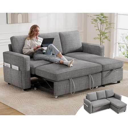81 Inch L-Shaped Split Sleeper Sofa, 2-in-1 Pull-Out Couch with Reversible Storage Chaise, Side Pockets, Tool-Free Assembly, Linen Fabric, Light Gray - Ideal for Living Rooms & Apartments