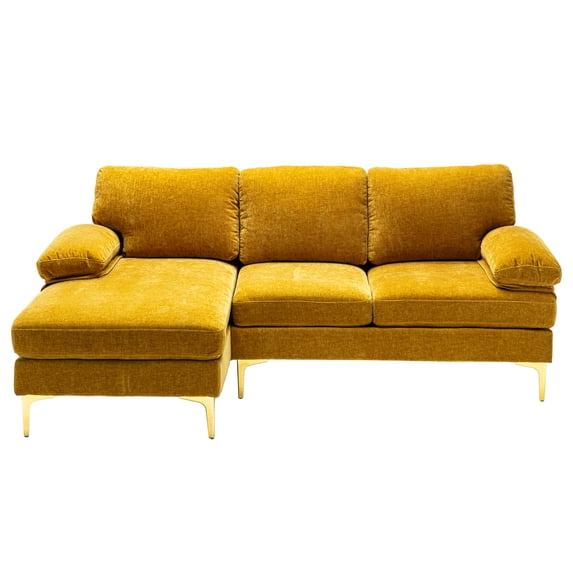 81 Inch L-shaped Accent Sofa Set with Padded Back and Armrest, Upholstered Sofa Couch with Chaise and Metal Legs, Corner Sleeper Couch for Living Room, Yellow