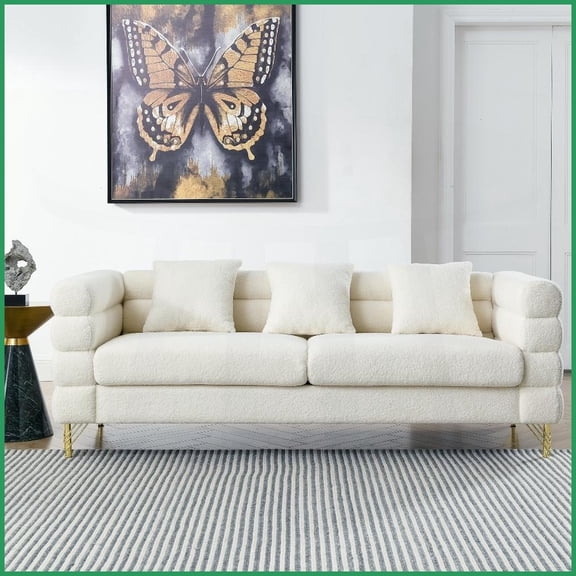 81 Inch Modern Teddy Fabric 3-Seater Sectional Sofa with 3 Pillows for Living Room Bedroom  Ivory