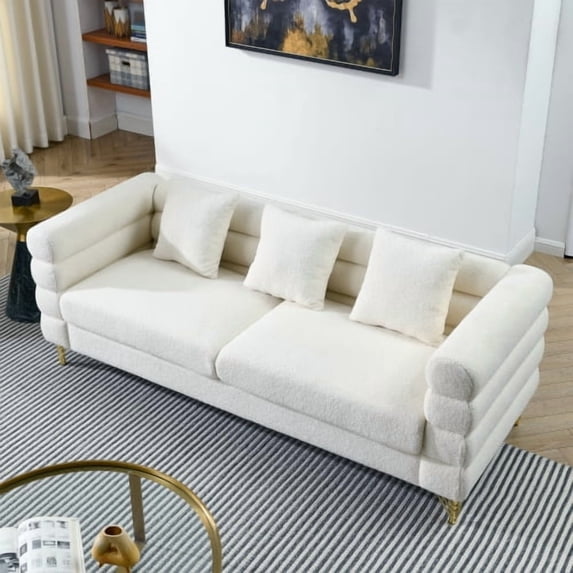 81 Inch Oversized 3 Seater Sectional Sofa Ivory Teddy Fabric Deep Seating Sofa with 3 Pillows for Living Room Office