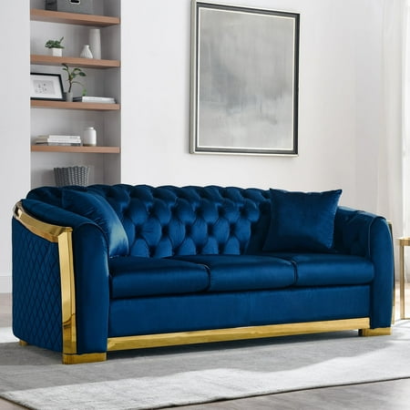 81 Inch Velvet Sofa Set for Living Room, 3 Seat Modern & Luxury Chesterfield Couch Sofa with Tufted Back&Gold Stainless Legs for Apartment, Office 2 Pillows Included Navy