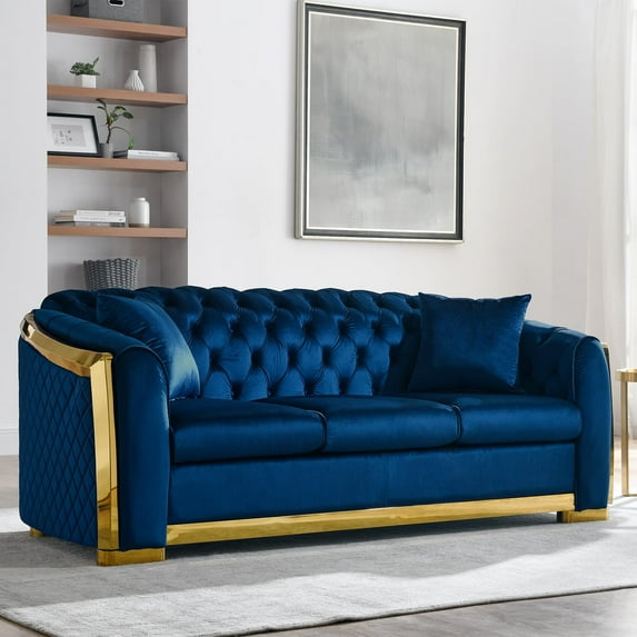 81 Inch Velvet Sofa Set for Living Room, 3 Seat Modern & Luxury Chesterfield Couch Sofa with Tufted Back&Gold Stainless Legs for Apartment, Office 2 Pillows Included Navy