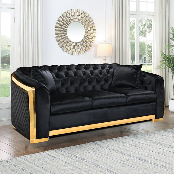 81 Inch Velvet Sofa Set for Living Room, 3 Seat Modern & Luxury Chesterfield Couch Sofa with Tufted Back&Gold Stainless Legs for Apartment, Office 2 Pillows Included Black
