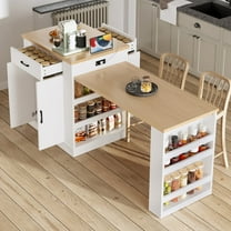81" Kitchen Island with Extendable Dining Table, Mobile Storage Islands with Power Outlet for 4-6, Island Table with 2 Drawers, 2 Cabinet & 2 Side Open Shelves for Dining Room House Bar (White)