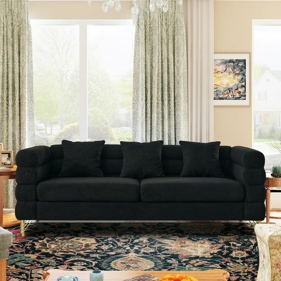 Atumon 81"L 3-Seat Sofa Couch, Mid-Century Upholstered Sofa Furniture with 4 Metal Legs and 3 Pillows, Modern Sofa for Living Room, Bedroom & Apartment, 81"L x 32"W x 28"H, Black