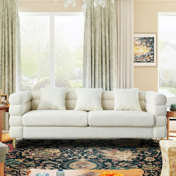 Atumon 81"L 3-Seat Sofa Couch, Mid-Century Upholstered Sofa Furniture with 4 Metal Legs and 3 Pillows, Modern Sofa for Living Room, Bedroom & Apartment, 81"L x 32"W x 28"H, White