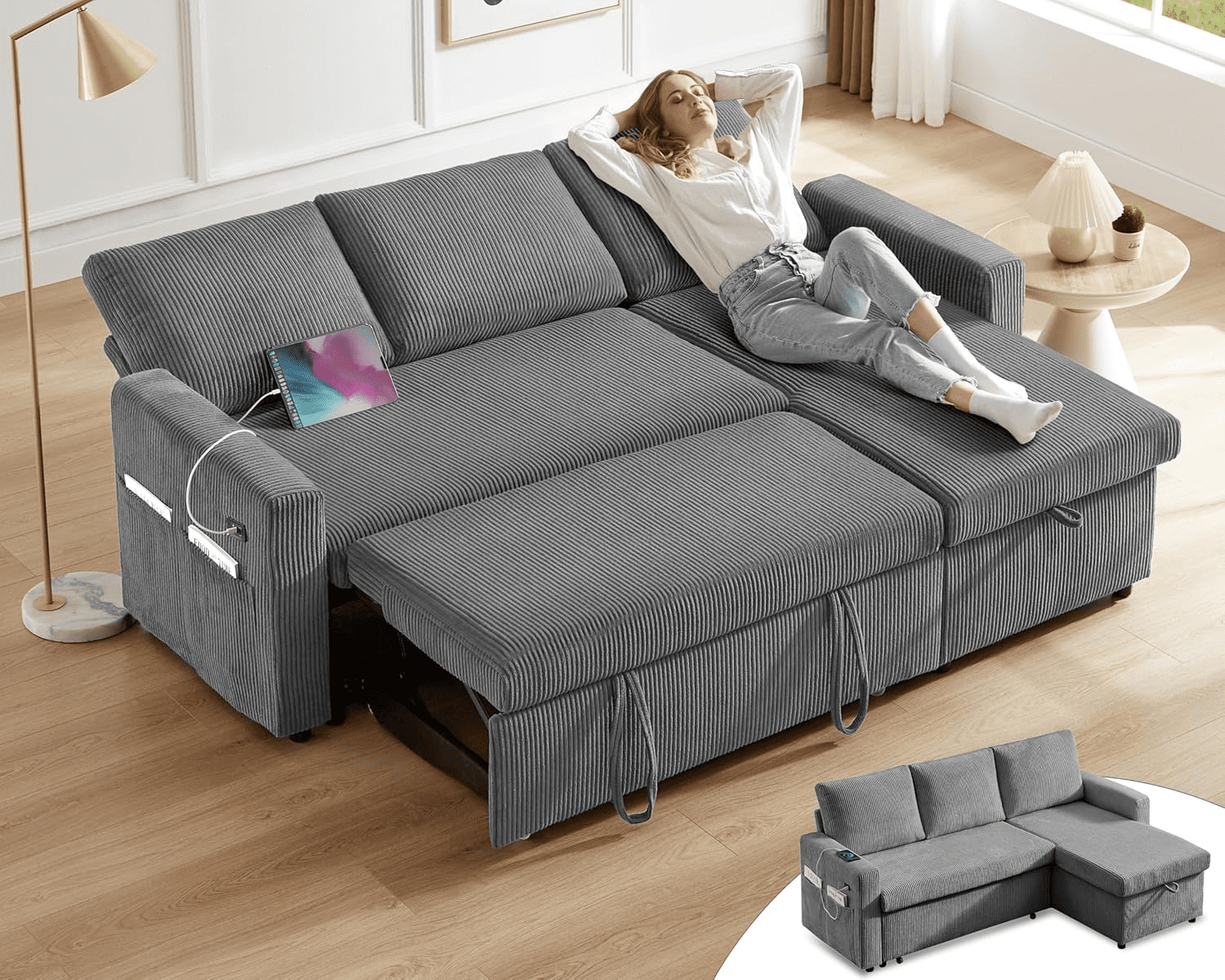 81"L-Shape Convertible Sleeper Sectional Sofa with Storage Chaise and Pull-Out Bed,Reversible Corner 3 Person Couch, for Living Room, Apartment,USB Ports