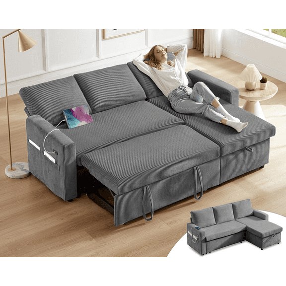 81"L-Shape Convertible Sleeper Sectional Sofa with Storage Chaise and Pull-Out Bed,Reversible Corner 3 Person Couch, for Living Room, Apartment,USB Ports