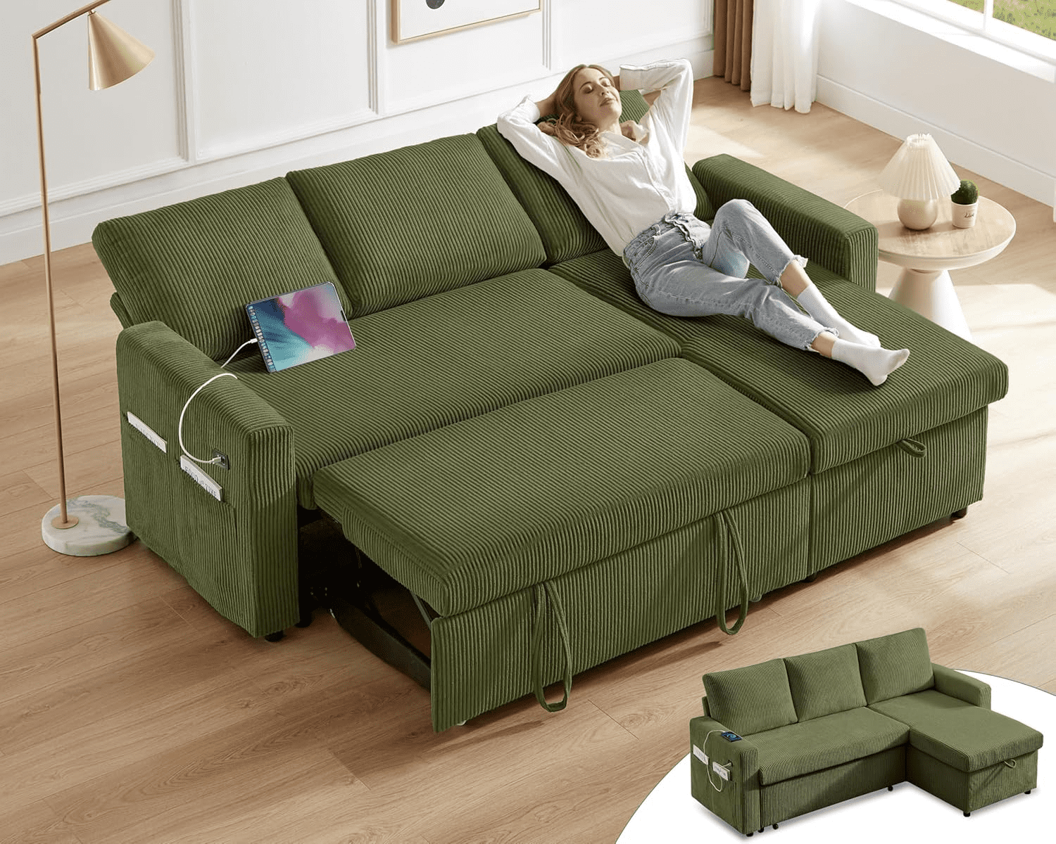81"L-Shape Convertible Sleeper Sectional Sofa with Storage Chaise and Pull-Out Bed,Reversible Corner 3 Person Couch, for Living Room, Apartment,USB Ports