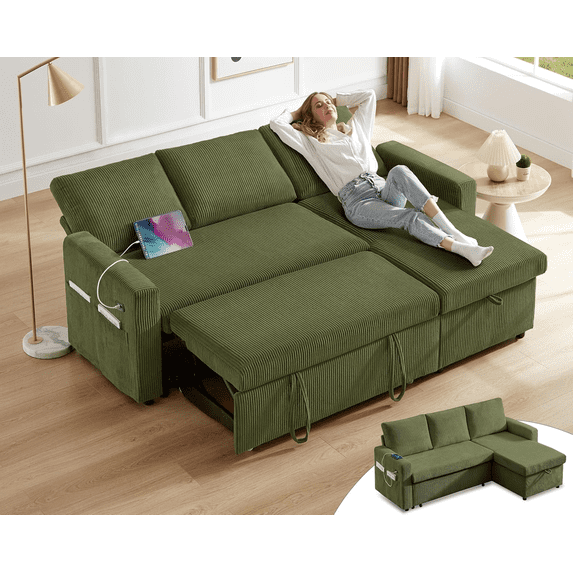 81"L-Shape Convertible Sleeper Sectional Sofa with Storage Chaise and Pull-Out Bed,Reversible Corner 3 Person Couch, for Living Room, Apartment,USB Ports