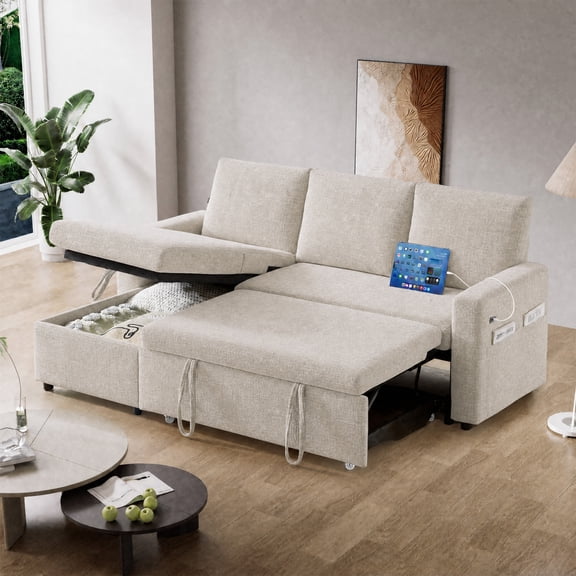 81" L-Shaped Sectional Sleeper Sofa with Pull Out Bed, Reversible Chaise & Adjustable Backrest, Chenille Upholstered Couch with USB Ports, Tool-Free Assembly, Beige