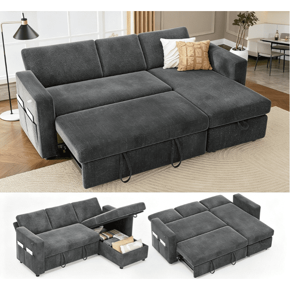 81" L-Shaped Sectional Sleeper Sofa with Pull Out Bed, Reversible Chaise & Adjustable Backrest, Chenille Upholstered Couch with USB Ports, Tool-Free Assembly, Dark Gray
