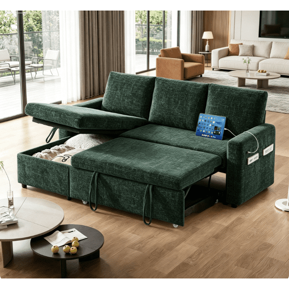 81" L-Shaped Sectional Sleeper Sofa with Pull Out Bed, Reversible Chaise & Adjustable Backrest, Chenille Upholstered Couch with USB Ports, Tool-Free Assembly, Green