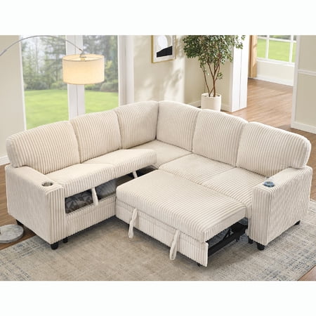 81" L-Shaped Sectional Sofa Bed with USB Charging Station and Pull-Out Bed & Storage, 5-Seats Corduroy Fabric Sleeper Couch with Cup Holder, Convertible Design for Living Room, Apartment, Beige