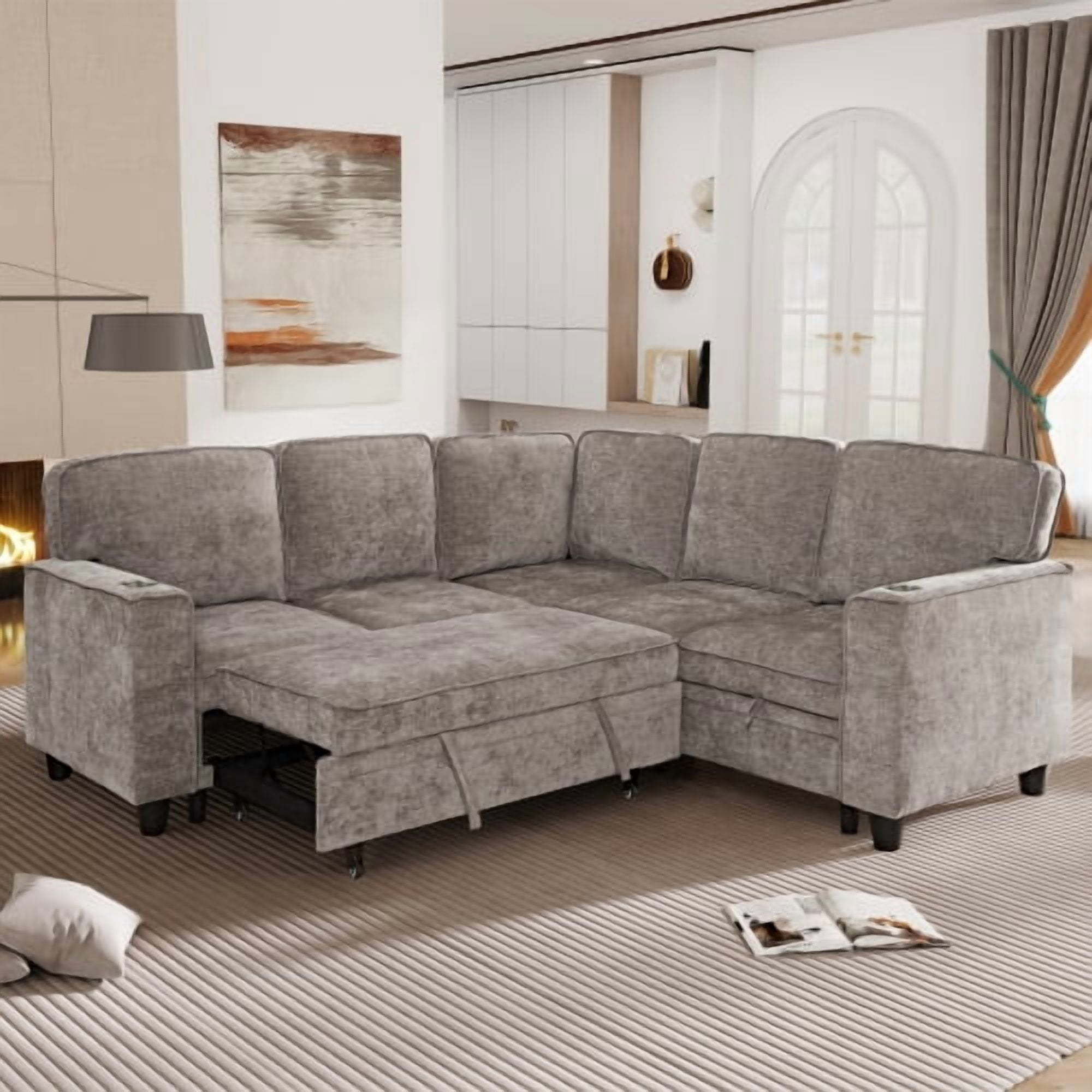 81" L-Shaped Sectional Sofa Bed with Pull Out Sleeper & Storage Seat, 5-Seat Convertible Couch with USB & Type-C Ports, Light Brown