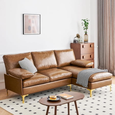 81" L Shaped Sectional Sofa Couch, Mid Century Modern Faux Leather Couch with Hand-Sewn and Backrest Pillows Deep Couches, 3 Seater Home Sofa for Living Room, Small Space, Bedroom, Office, Caramel