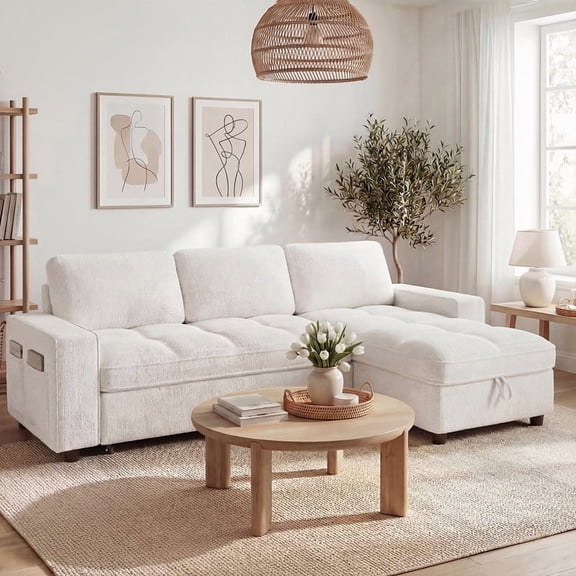 81" L-Shaped Sleeper Sofa Bed, Beige Chenille Pull Out Couch Bed with Reversible Storage Chaise,USB Port,Side Pocket,Tool-Free Assembly