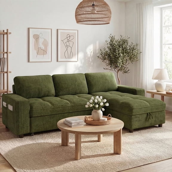 81" L-Shaped Sleeper Sofa Bed, Green Chenille Pull Out Couch Bed with Reversible Storage Chaise,USB Port,Side Pocket,Tool-Free Assembly