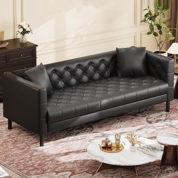 81" Leather Sofa, Button-Tufted 3 Seater Sofa, Mid-Century Modern Leather Couch with Deep Seat, Chesterfield Sofa for Living Room, Apartment, Office, Black