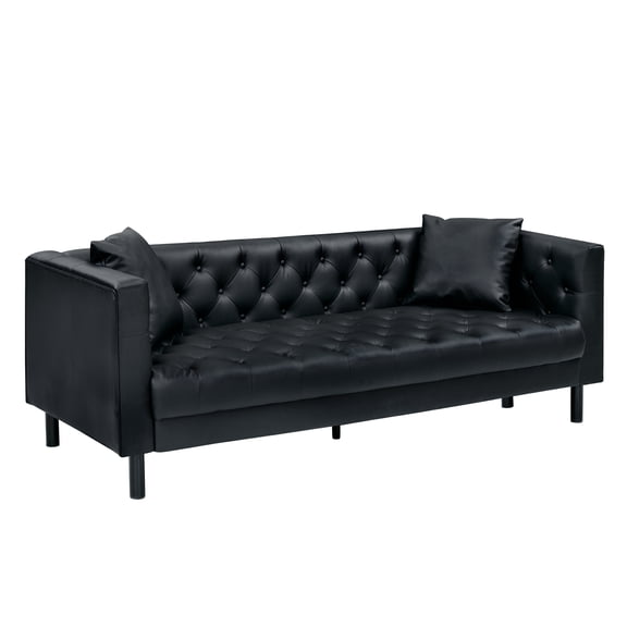 81" Leather Sofa Couch for Living Room, Mid-Century Modern 3 Seater with Deep Seat Comfort, Handmade Button Tufted Chesterfield Style, Includes 2 Pillows, Apartment Office Lounge Sofa, Black
