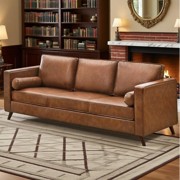 81" Mid-Century Modern Faux Leather Sofa – Deep Seat 3-Seater Couch with Removable PU Cushion Covers for Living Room & Office, Brown