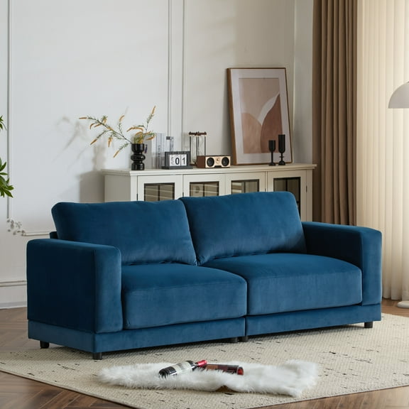 81" Modern Square Arm Sofa, Upholstered Couch with Deep Cushions and Wooden Legs for Living Room or Bedroom Blue