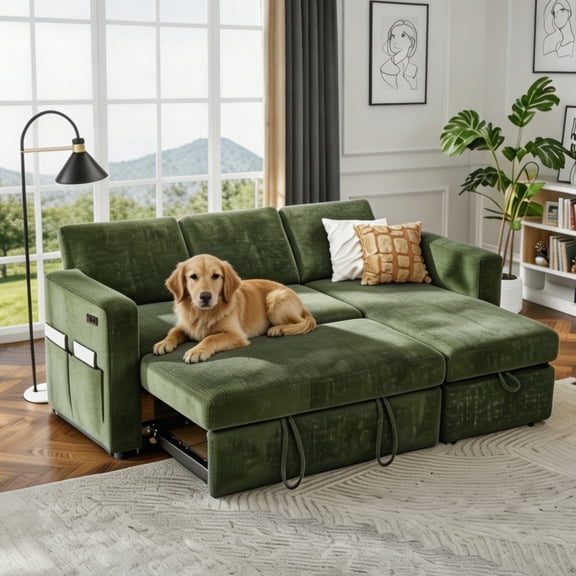 81" Modular L‑Shaped Sectional Sleeper Sofa with Pull‑Out Bed, USB Charging & Storage Chaise, 5‑Seat Convertible Couch for Living Room, Green Chenille
