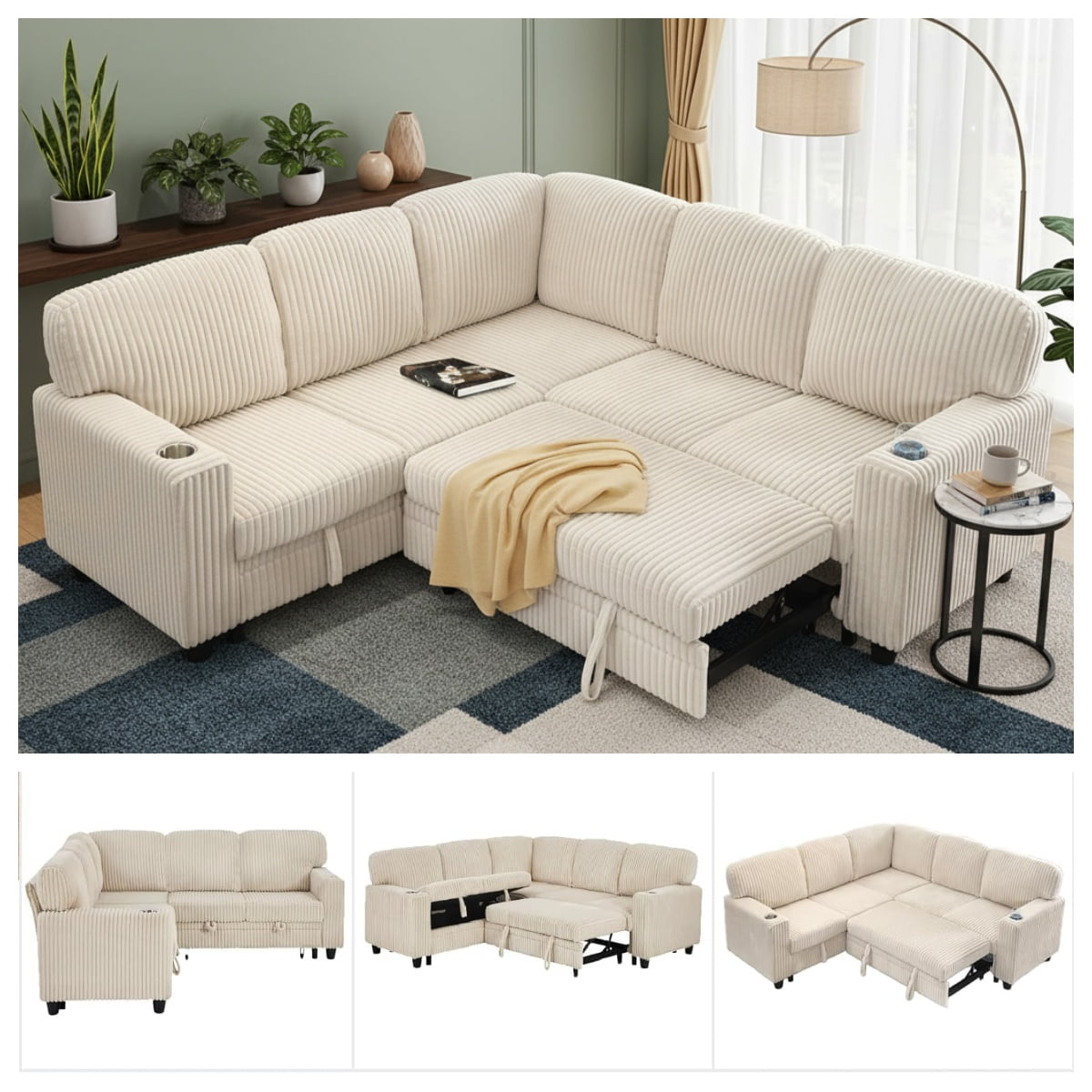 81" Modular Sectional Sofa, Corduroy Pull Out Couch Bed Sleeper Sofa Bed with Storage Seat, Cup Holders & USB/Type-C Ports, V Shaped Sectional Couch for Home Living Room (Beige)
