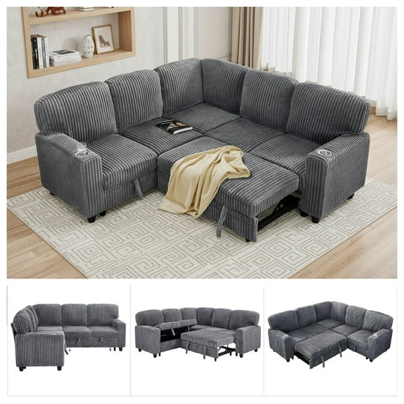 81" Modular Sectional Sofa, Corduroy Pull Out Couch Bed Sleeper Sofa Bed with Storage Seat, Cup Holders & USB/Type-C Ports, V Shaped Sectional Couch for Home Living Room (Grey)