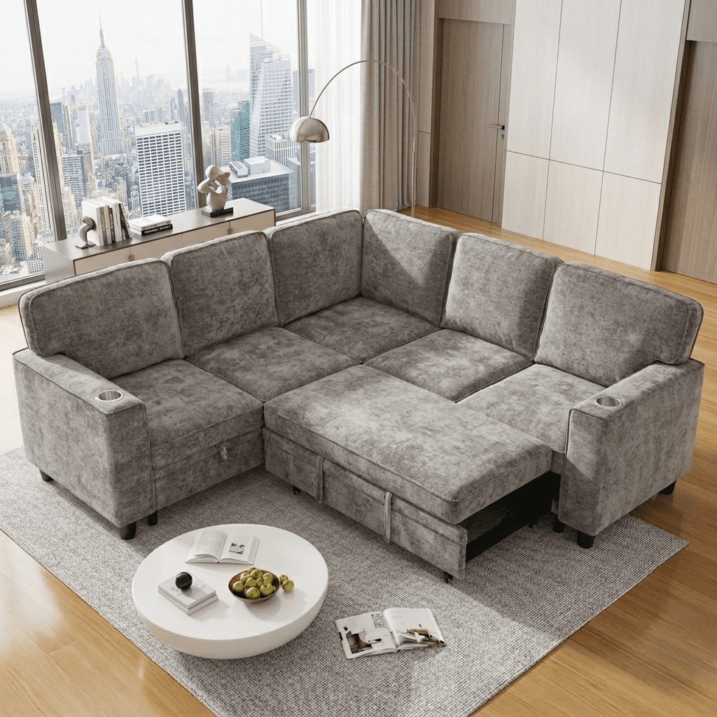 Howcool Modular Sectional Sleeper Sofa, 81" L-Shaped Oversized Cloud Couch with Pull-Out Bed, 5-Seat Chenille Sofa with Storage Chaise, USB Charging and Cup Holders for Living Room,Light Brown