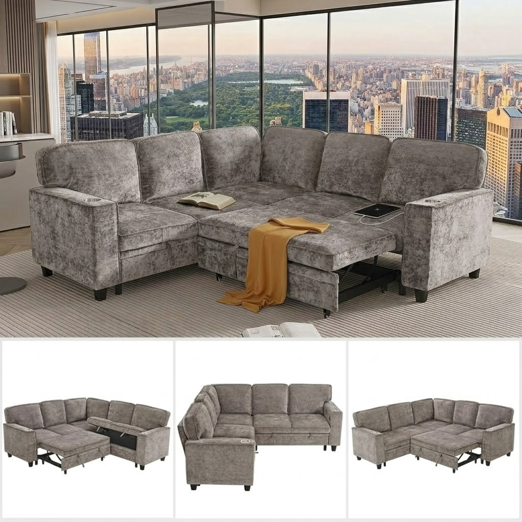 81" Modular Sectional Sofa, L Shaped 5-Seater Sleeper Sofa with Pull Out Bed, Hidden Storage, Cup Holders & USB Charging Ports, Sectional Couches for Living Room，Chenille，Light Brown