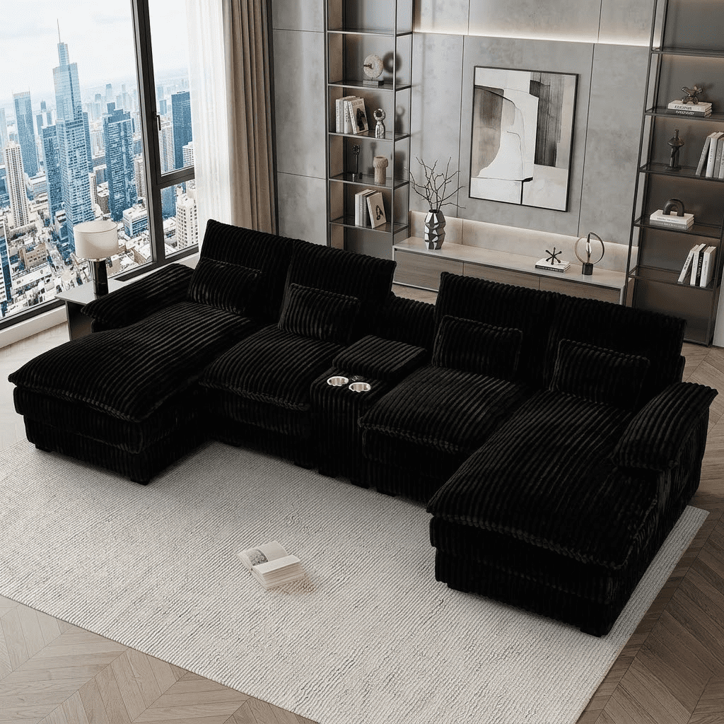 124" U Shaped Cloud Couch Sectional Sofa, Modular Corduroy Sectional with Double Chaise, USB Charging, Hidden Storage & Center Console, Deep Seat Comfy Couch for Living Room, Black