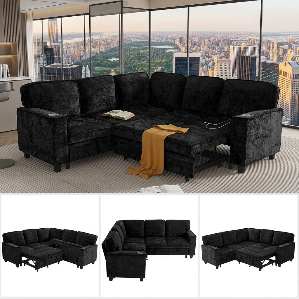 81" Modular Sectional Sofa, L Shaped 5-Seater Sleeper Sofa with Pull Out Bed, Hidden Storage, Cup Holders & USB Charging Ports, Sectional Couches for Living Room，Chenille, Black