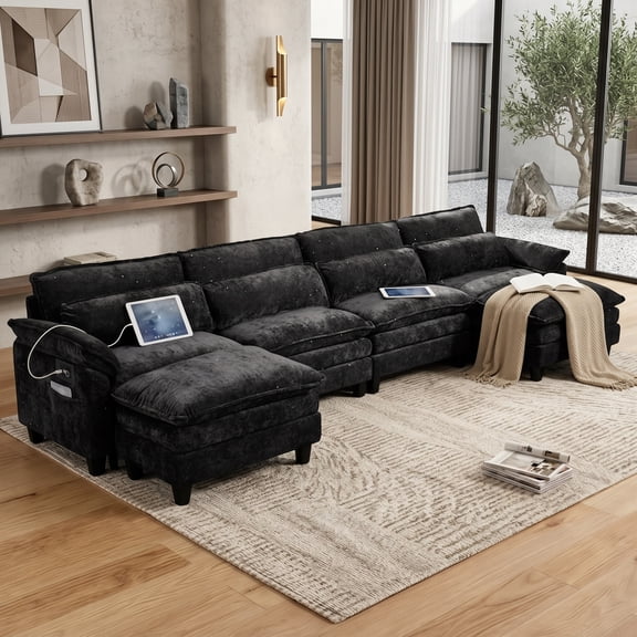 Howcool Cloud Couch Modular Sectional Sofa 4 Seat 148" U Shaped Convertible Couch Chenille Thick Cushion with Ottoman, Removable & Washable Cover for Living Room, Black