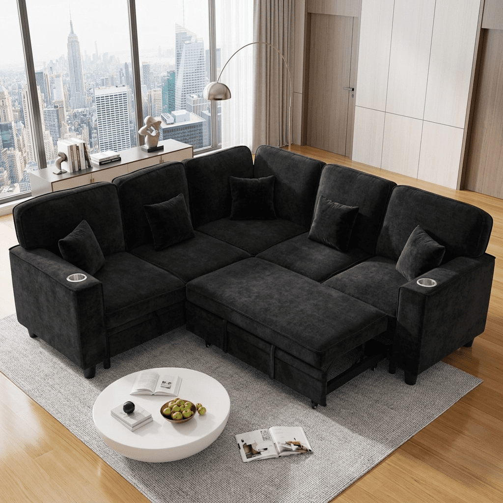 Howcool Modular Sectional Sleeper Sofa, 81" L-Shaped Oversized Cloud Couch with Pull-Out Bed, 5-Seat Chenille Sofa with Storage Chaise, USB Charging and Cup Holders for Living Room Apartment,Black