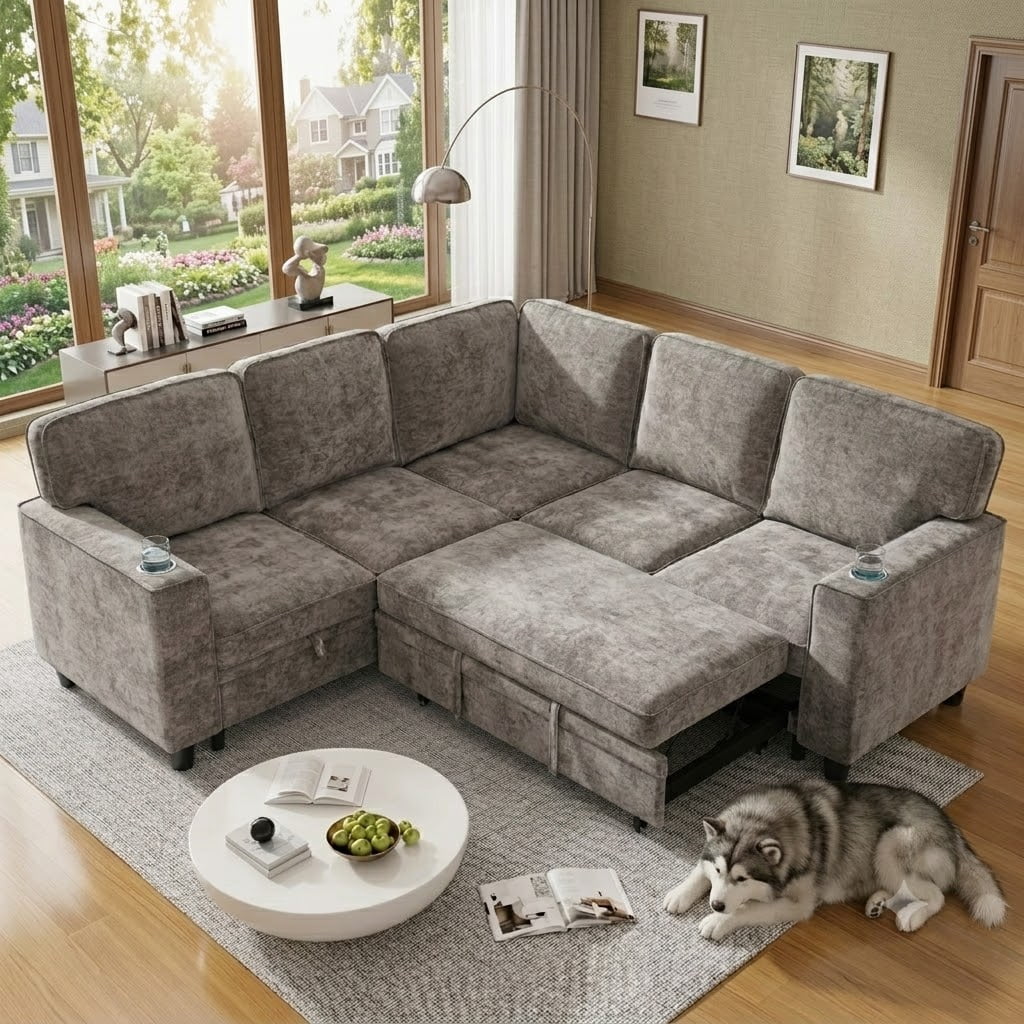 Howcool Modular Sectional Sleeper Sofa, 81" L-Shaped Oversized Cloud Couch with Pull-Out Bed, 5-Seat Chenille Sofa with Storage Chaise, USB Charging and Cup Holders for Living Room,Light Brown