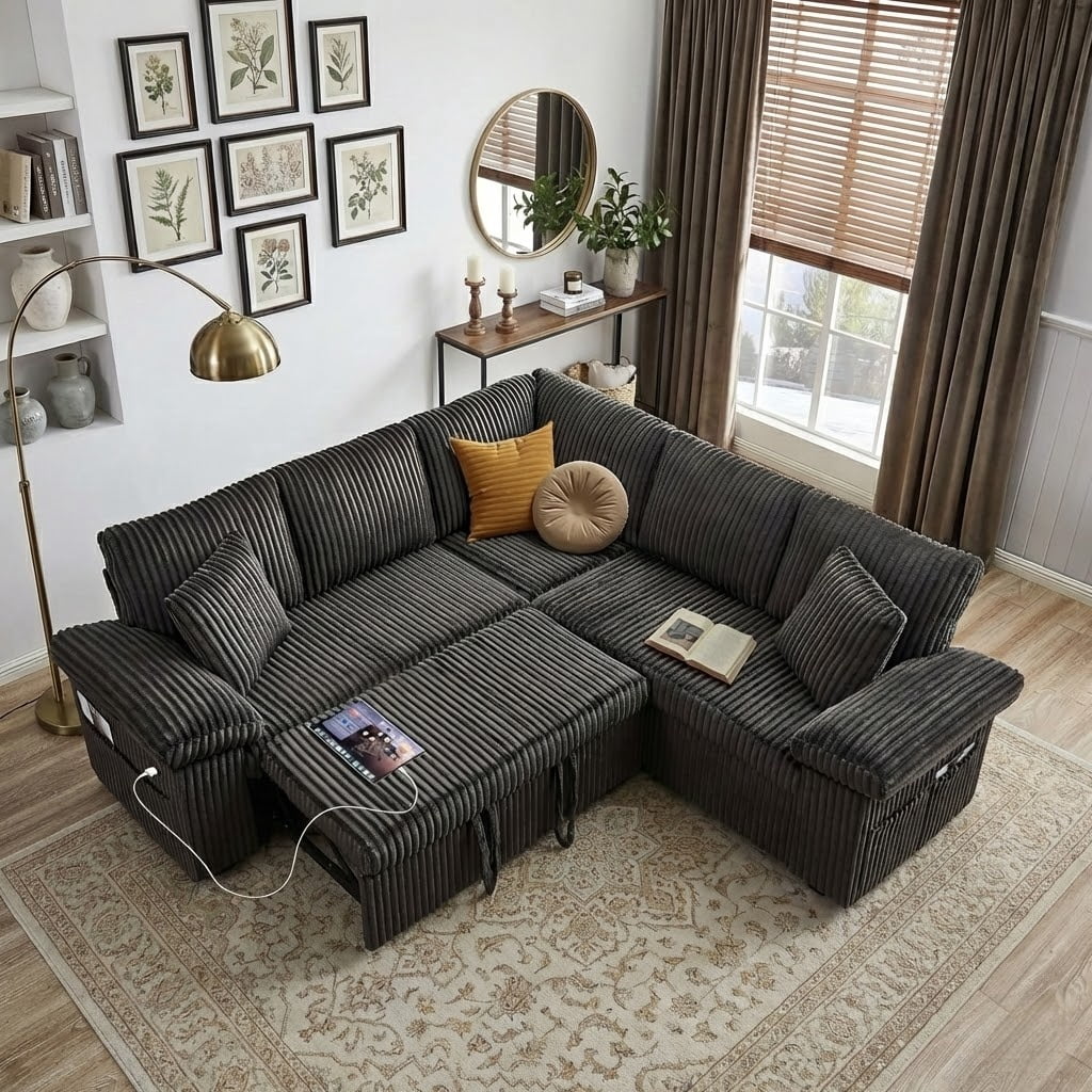 BedLuxury 83 Sectional Sleeper Sofa with Pull Out Bed L Shaped Couch with Storage Seat for Living Room Gray